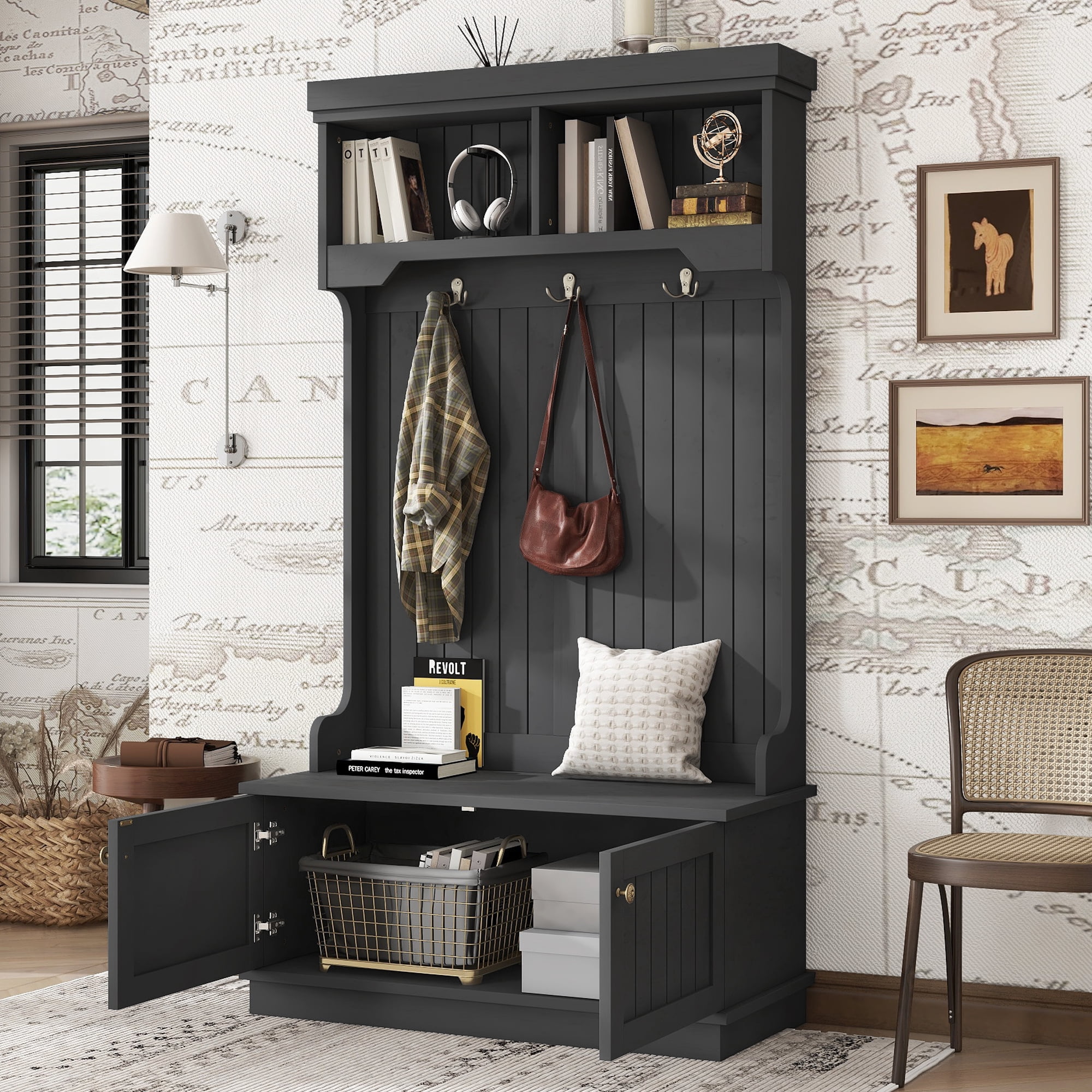Leumius 64"H Hall Tree with Storage Shoe Bench for Entryway, 4-in-1 Farmhouse Entryway Coat Racks with 3 Hooks for Living Room,Black