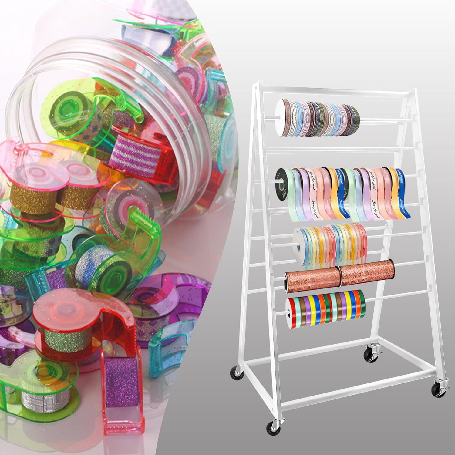 AOBAIWO Ribbon Holder Organizer Rack, 15 Tier Double-Sided Metal Ribbon Organizer Freestanding Movable Ribbon Storage, Large Capacity Ribbon Organizer
