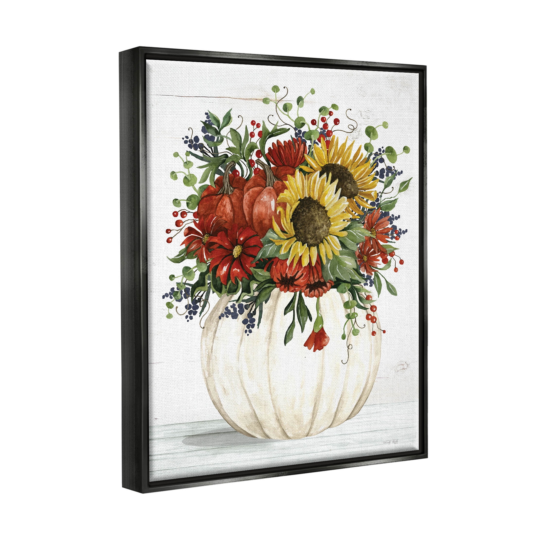 Country Sunflower Pumpkin Bouquet Botanical & Floral Graphic Art Jet Black Framed Art Print Wall Art