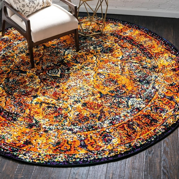 Unique Loom Rosso Collection Area Rug - Basilica (8' Round Orange/Black)