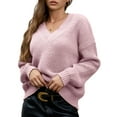 thumbnail image 3 of Female Long Sleeve V Neck Pullover Sweater Oversized Chunky Knitted Loose Jumper Sweaters Pink M, 3 of 8