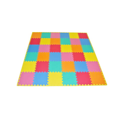 ProSource Kids Foam Puzzle Floor Play Mat with Solid Colors, 36 Tiles (12”x12”) and 24