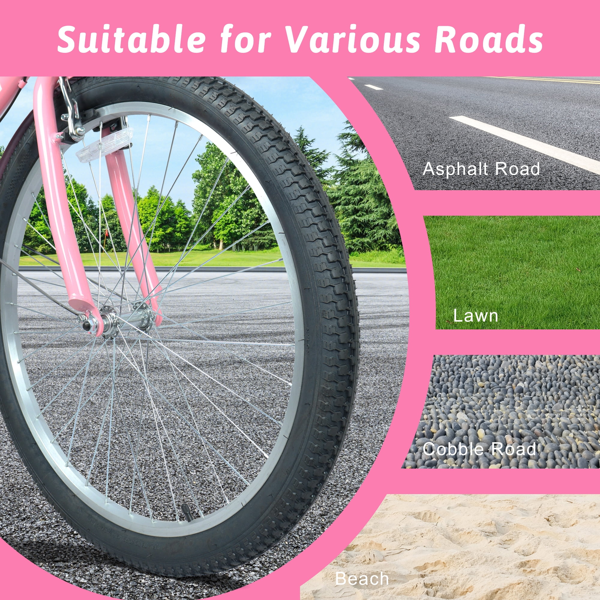Raistyw 26" Women’s Cruiser Bikes, 7-Speed Lightweight City Commuter Bicycle with V-Brakes and Detachable Basket, Fits Ages 15+ Years Old, Pink