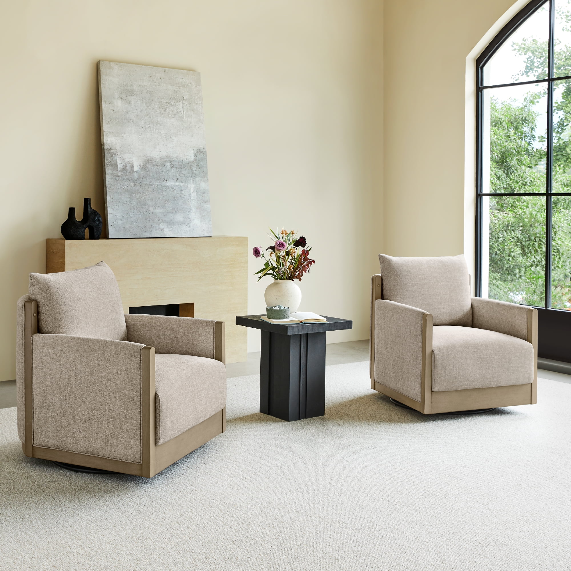 Spruce & Spring Mid-Century Modern Swivel Accent Chair with Curved Back and Upholstered Arms Single, Beige&Grey Wood