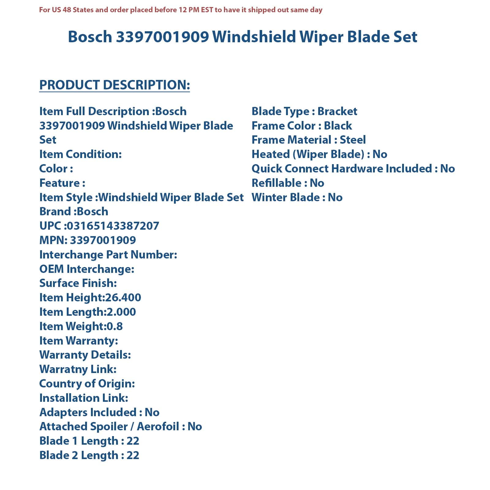 BOSCH 4820 Evolution Beam Wiper Blade; 20" - Set of 2 (20" & 20")