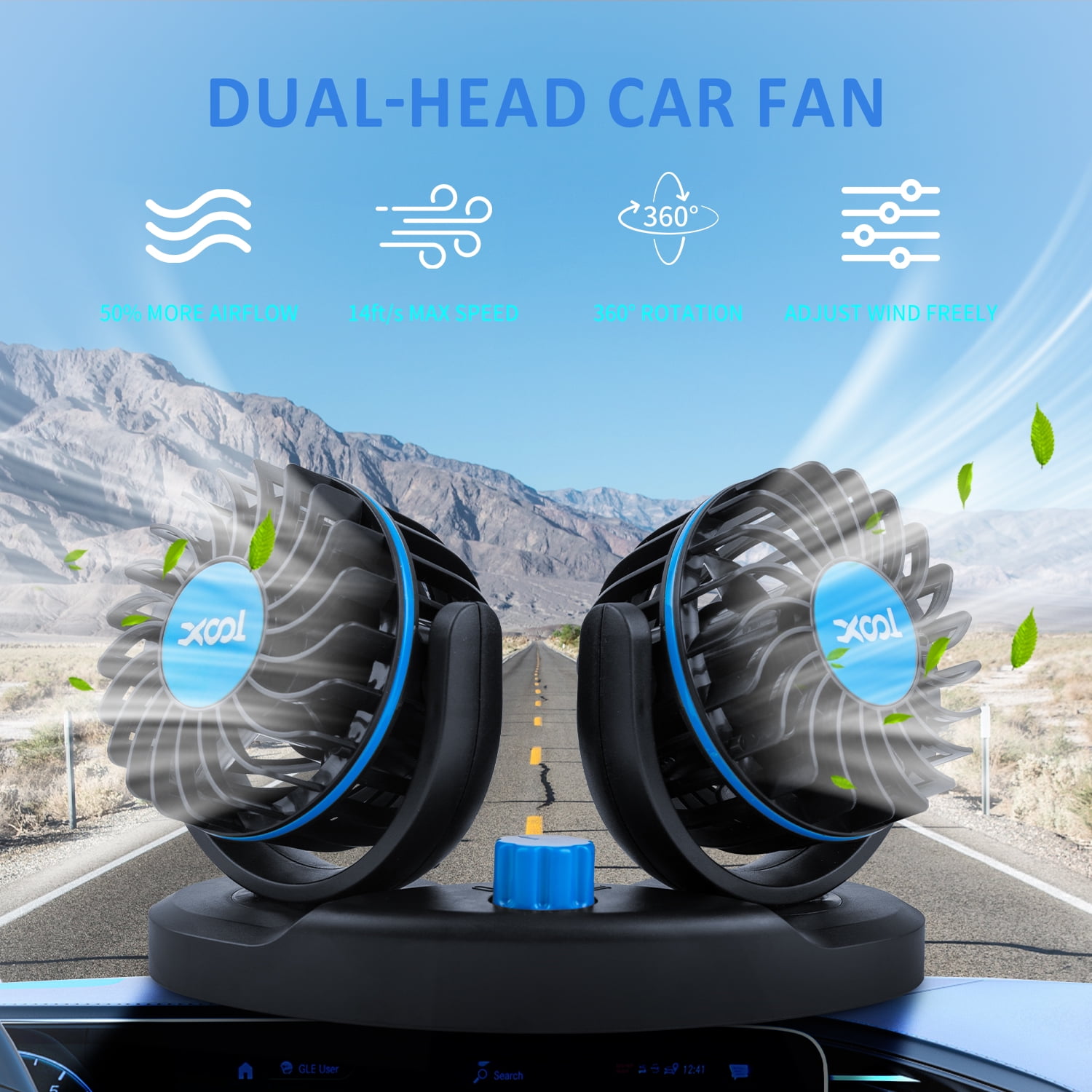 Car Fan for Dashboard, 2 Speeds 360°Rotatable Car Fan , Dual Head Car Cooling Fan with Cigarette Lighter for Vehicles SUV RV