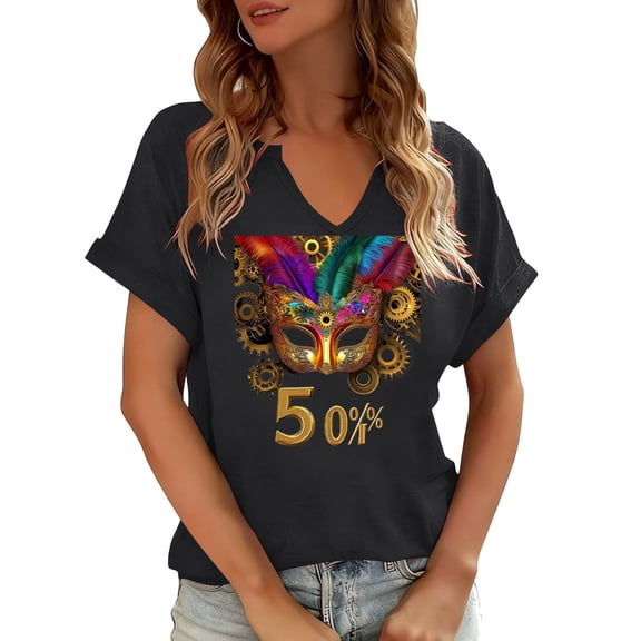 Sexlip Womens Short Sleeve Top V Neck Ornate Mask Print Loose Sleeve Soft Fabric Relaxed Silhouette for Daily Leisure Black M