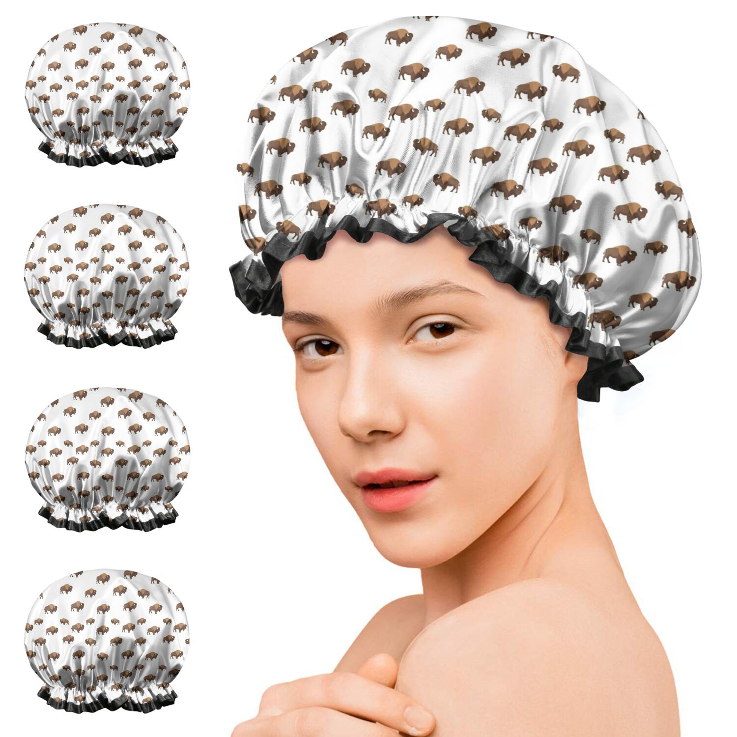 Shower Caps,White Buffalo Pattern Waterproof Shower Cap for Women 4 Pieces,Double Reusable Hair Cover for Shower PEVA Elastic Stretch Hem