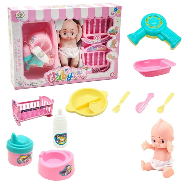 Lolmot Baby Bed for Dolls Pretend to Play, Feed and Care for Baby Girl,  Bathtub and Bed Set (11 Pieces) 