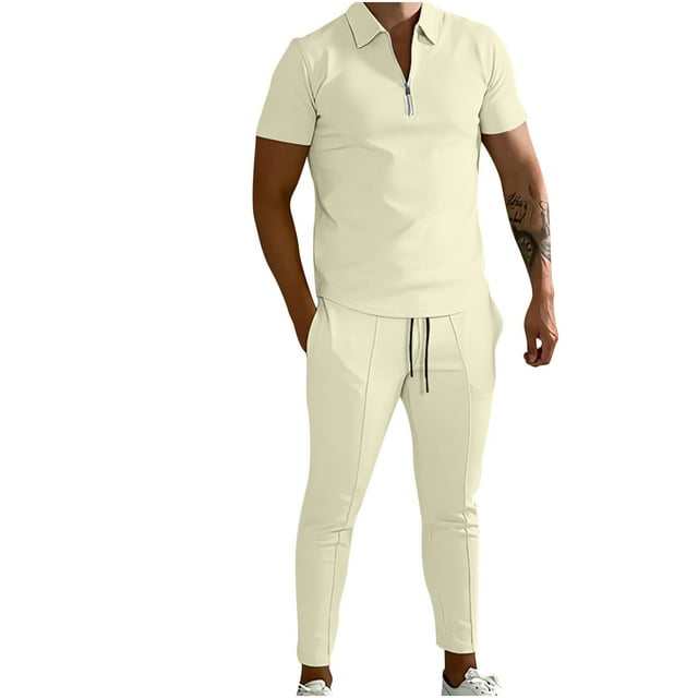 Birdeem Ensemble de Sport Décontracté pour Homme, Uni, Mode, Col Rabattu, Chandail à Enfiler, Manches Courtes, Pantalon, Survêtement Deux Pièces