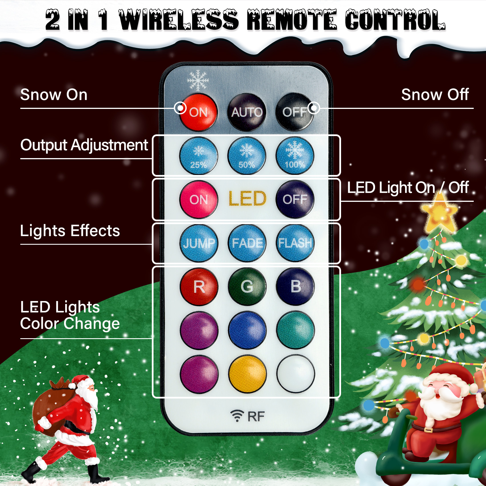 TCFUNDY 1500W Snow Machine w/ 9 RGB LED Lights, Adjustable Lighting, w/ Dual-Control Remote for Christmas, Snow and Light Effects