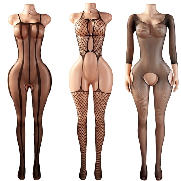 AESKEIA Crotchless Lingerie Women Lace Mesh Floral Print Bodystockings Teddy Bodysuits Black 3 Piece Combination Set One Size