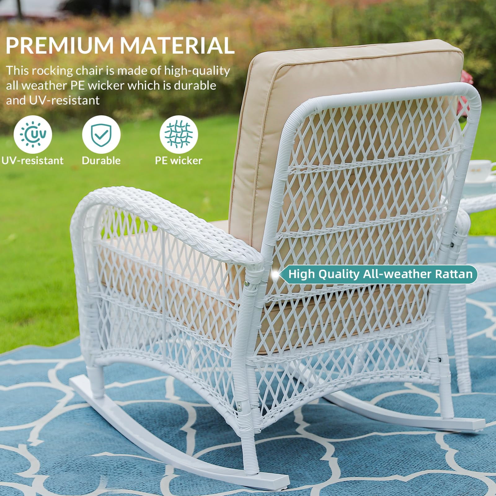 MEETWARM 3 Pieces Patio Conversation Set, Rattan Outdoor Rocking Patio Bistro Set with 2 Rockers and 1 Side Table with 4" Thick Cushions, Outdoor Furniture Set for Porch Backyard, White Wicker/Beige