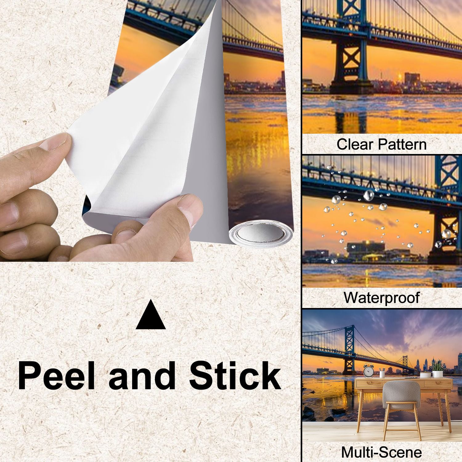 Peel and Stick Wallpaper Panorama Philadelphia skyline Bridge s Landing Modern Art Wall Mural Decor Self Adhesive and Removable 100in x 144in