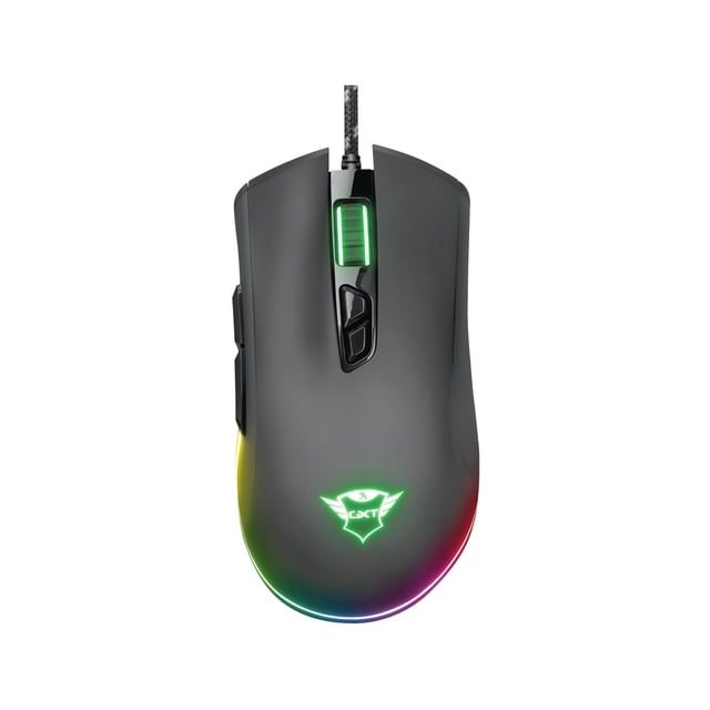 mouse gamer rgb trust gxt 900 qudos Ratón negro visto de frente con rueda iluminada, dos botones DPI y dos botones laterales; logo Trust Gaming y tira RGB perimetral con efecto arcoíris; cable trenzado de 1.8 m visible. Sensor óptico hasta 15,000 ppp, 7 botones programables y almohadillas de baja fricción; apto para estaciones compactas de PC.