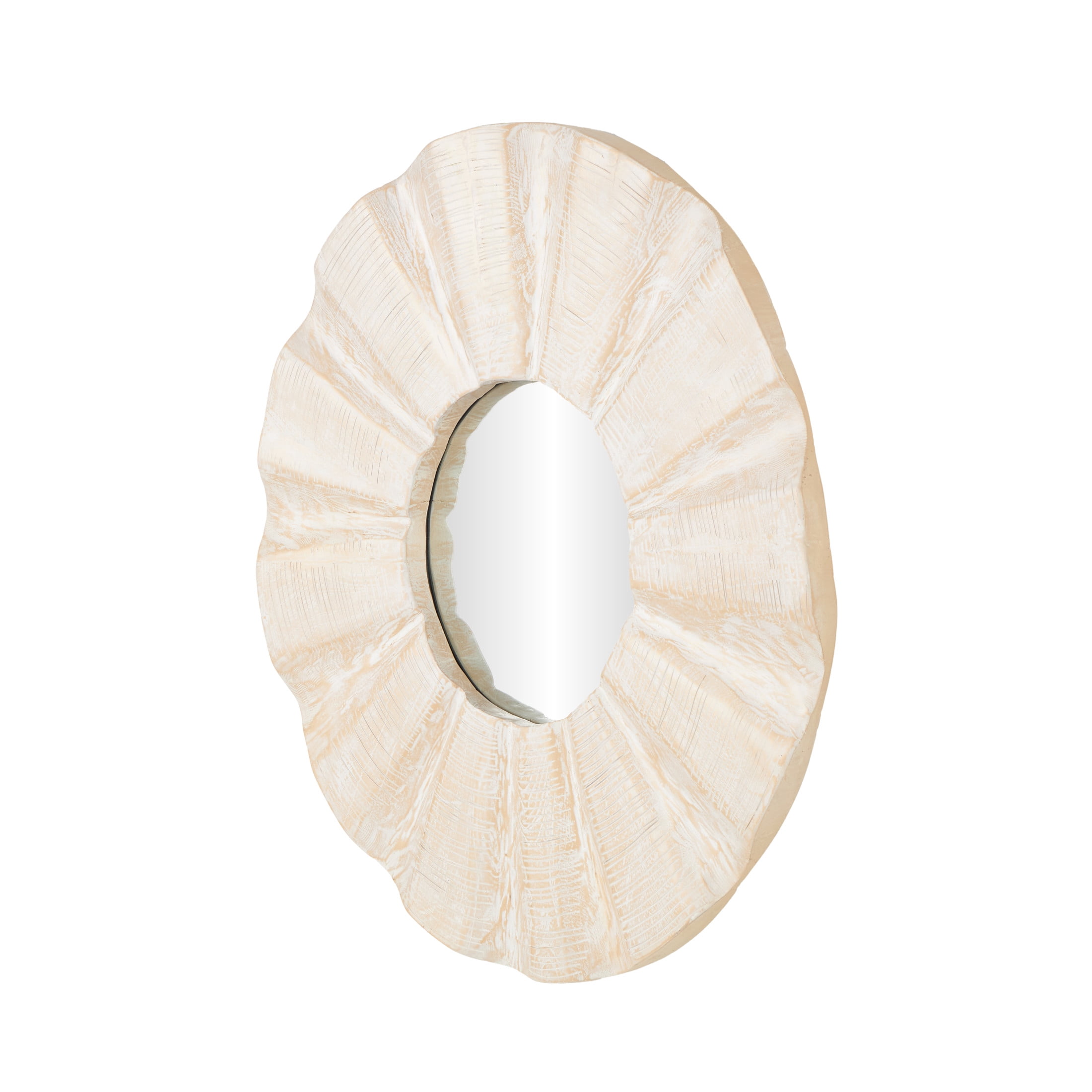 DecMode 35" x 35" Cream Handmade Large Abstract Wall Mirror with Carved Abstract Patterns