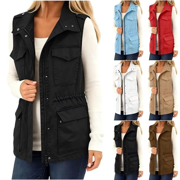 Tqcoqu Women's Utility Cargo Vest with Multi Pockets,Stand Collar Zip Up Drawstring Waist Sleeveless Casual Outdoor Waistcoat Jacket