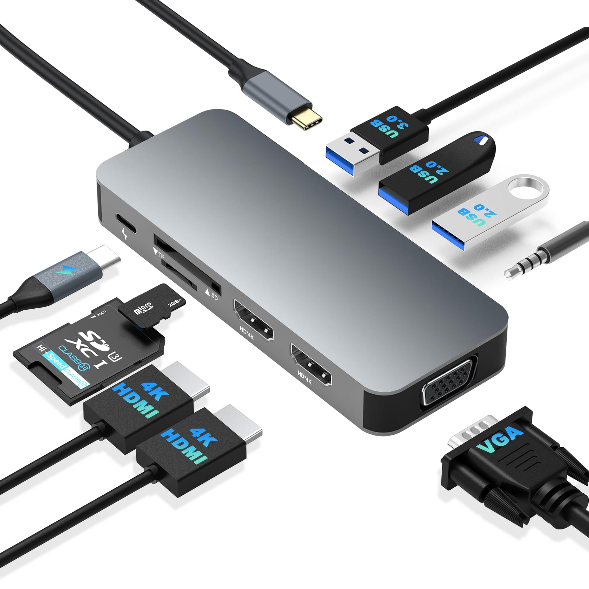 Docking Station Dual Monitor, USB C to Dual HDMI Adapter, Computer Docking Station for Laptop, Dual Monitor Adapter, 10 in 1 USB C Hub Multiport with HDMI/VGA/PD/USB/SD/TF/3.5mm Audio