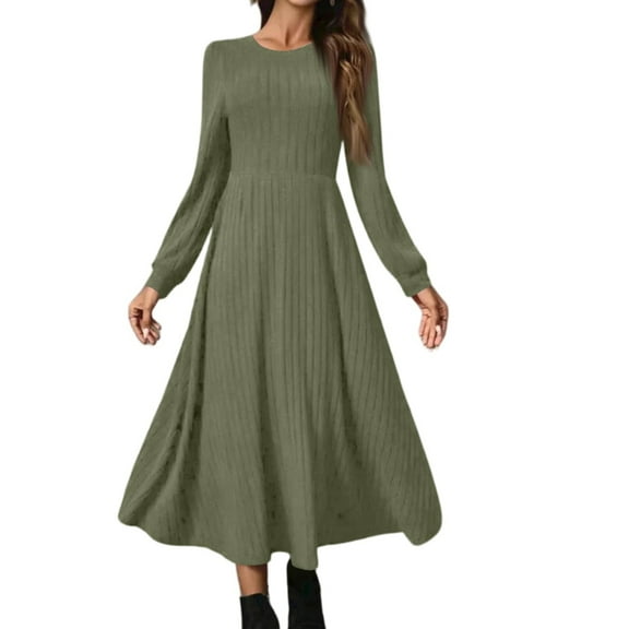 CharmCyan Women’s Long Sleeve Pleated Maxi Dress with Crew Neck Solid Ribbed Knit Fabric Elegant A Line Casual Style Comfortable Fit Army Green L