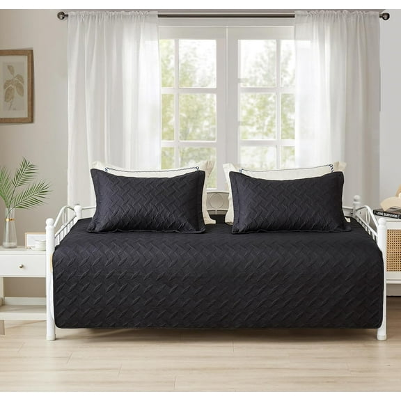 3 Piece Black Daybed Cover Twin Size Cozy Daybed Sets Bedding Double Sided Quilting Cover Set Geometric Print Bedspread Coverlet All Season for Twin Bed with 2 Standard Shams,39"x75"