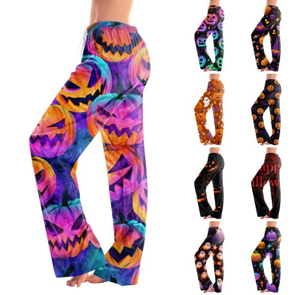 Halloween Pajamas for Women Casual Lounge Pajama Pants Funny Pumpkin Drawstring Elastic Waist Fashion Sleep Bottoms Multicolor S