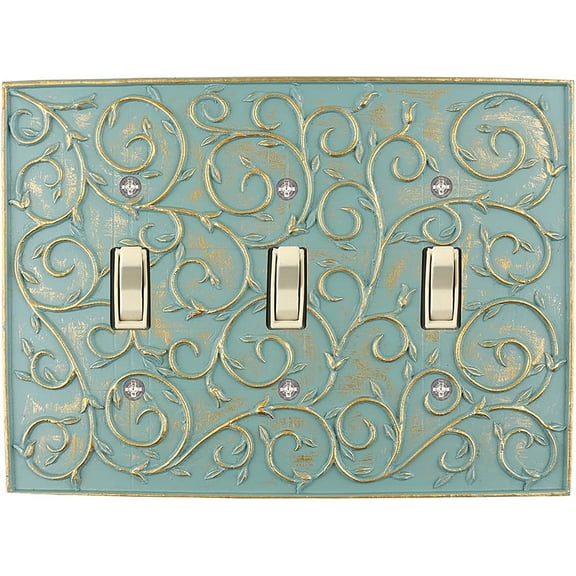 Meriville French Scroll 3 Toggle Wallplate, Triple Switch Electrical Cover Plate, Buckingham Green with Gold