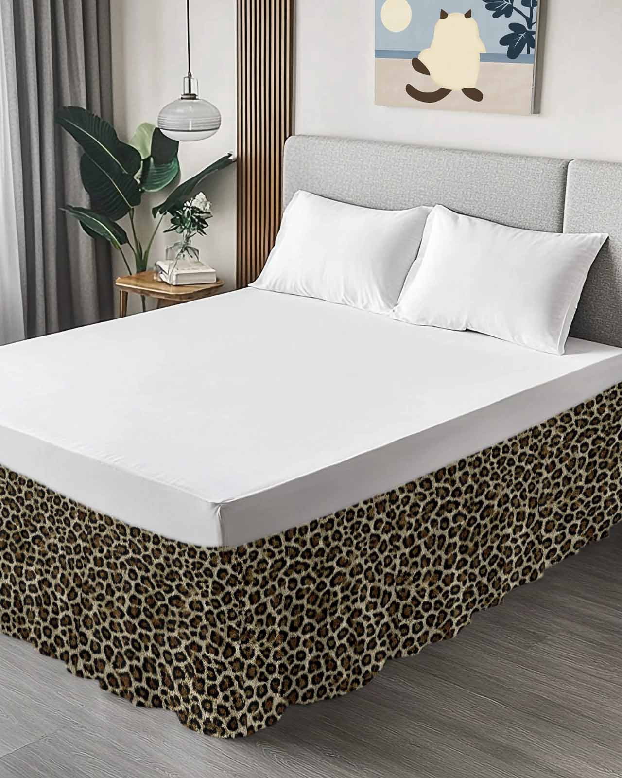 Classic Leopard Print Bed Skirt King Size 18 Inch Drop, Retro Brown Black Animal Fur Texture Adjustable Elastic Dust Ruffles Bedskirt for King Bed Wrap Around Pleated Mattress Frame Cover