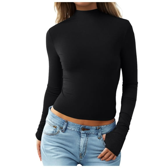 Women Fashion Slim Fit Half Turtleneck Long Sleeve Thumb Hole T Shirt