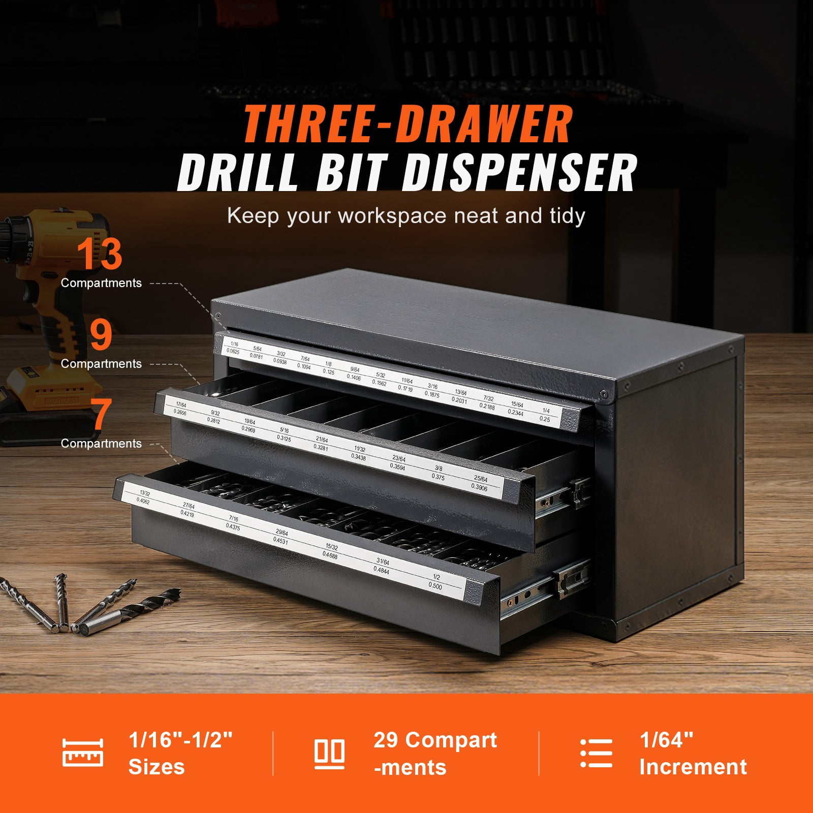 Favory Drill Bit Dispenser Cabinet, Three-Drawer Drill Bit Dispenser, Drill Bit Organizer Cabinet, Drill Dispenser Organizer Cabinet for Jobber Length Fractional Size 1/16" to 1/2"