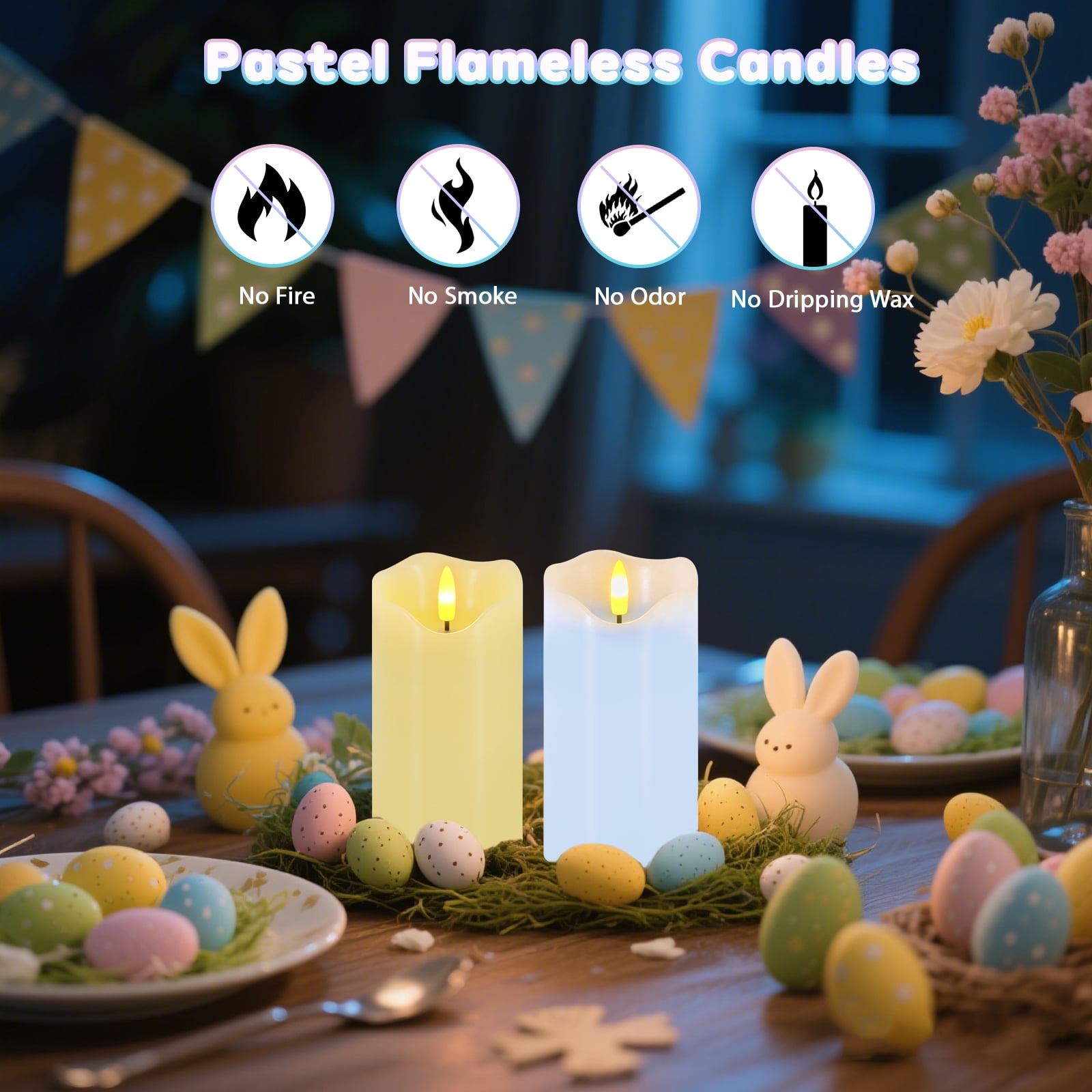 Flameless Candles Light, Set of 2 6"x3" Flickering Pastel Spring LED Candles with Remote & Timer, Dimmable Real Wax Easter Pillar Candles Battery Operated for Home Spring Easter Decor