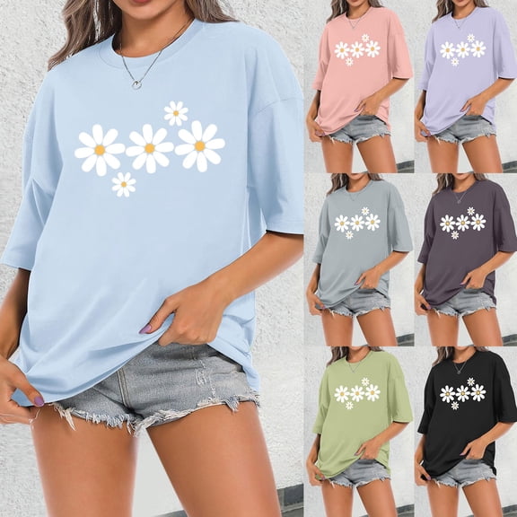 T Shirts for Women Short Sleeve Crewneck Floral Print Graphic Tee Summer Simple Drop Shoulder Breathable Casual Tops Black L
