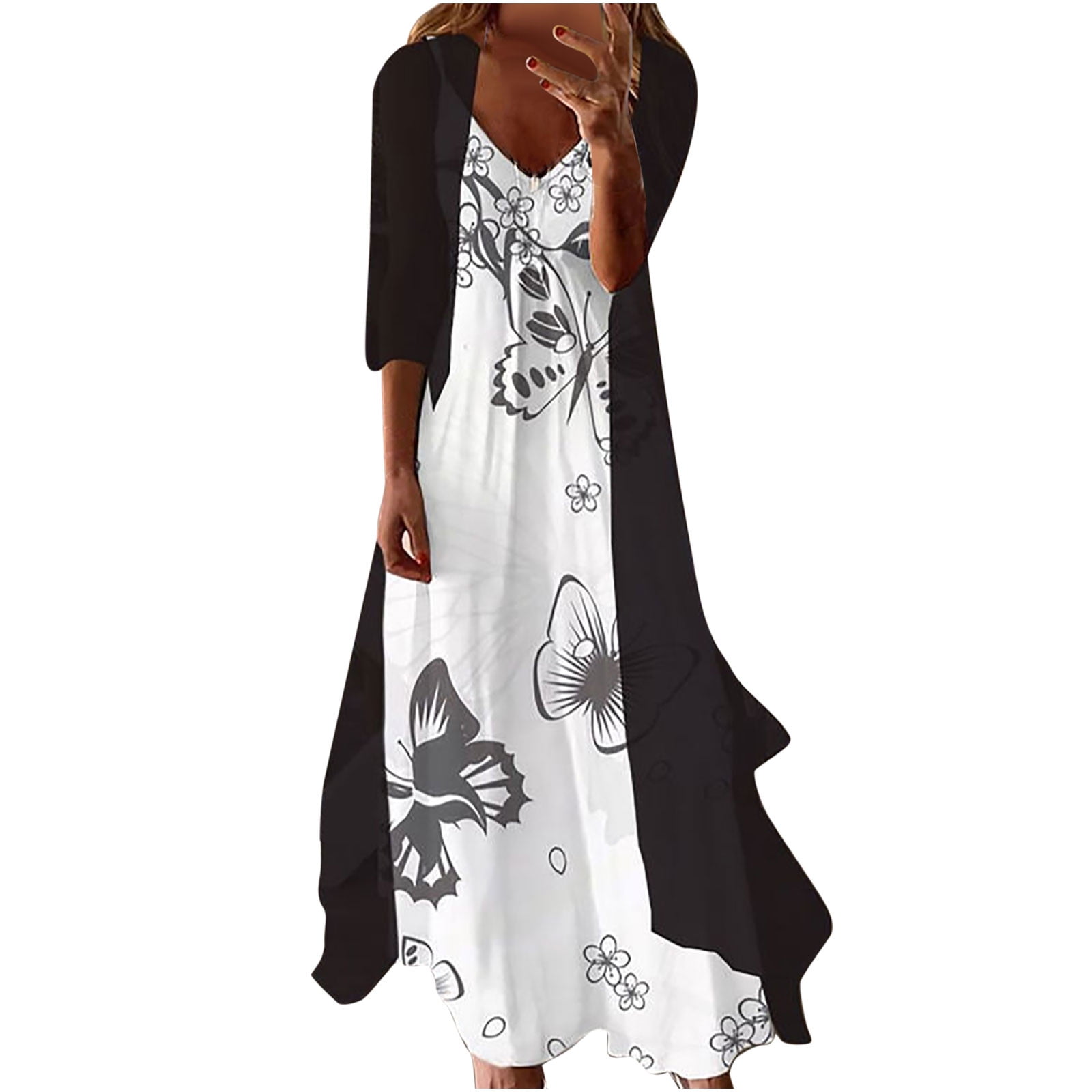 Shakumy Women Long Sleeve Loose Floral Print Maxi Dress Boho Casual Round Neck Patchwork Long Dress with Pockets 