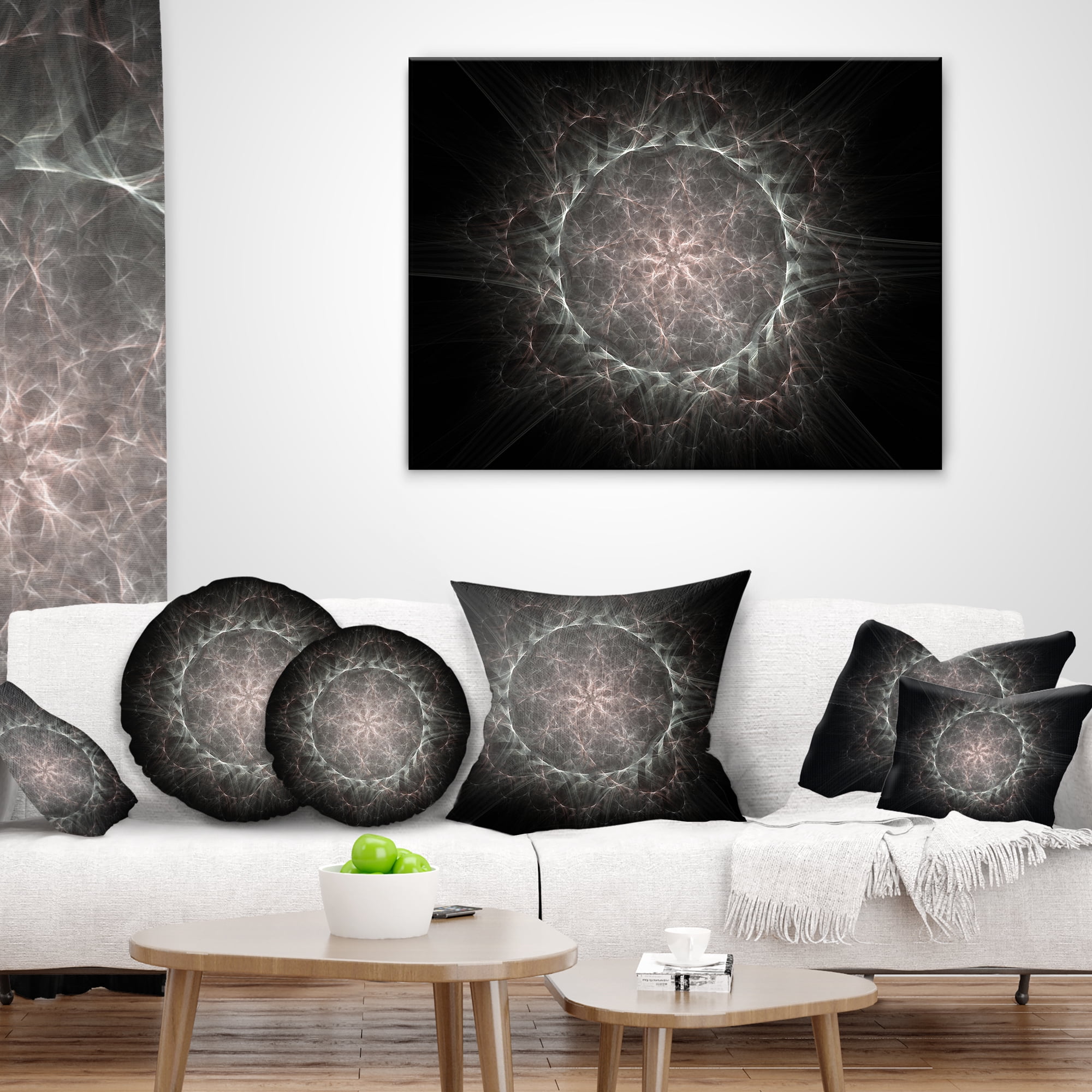 Designart Rounded Silver Glowing Fractal Flower - Floral Throw Pillow - 12x20