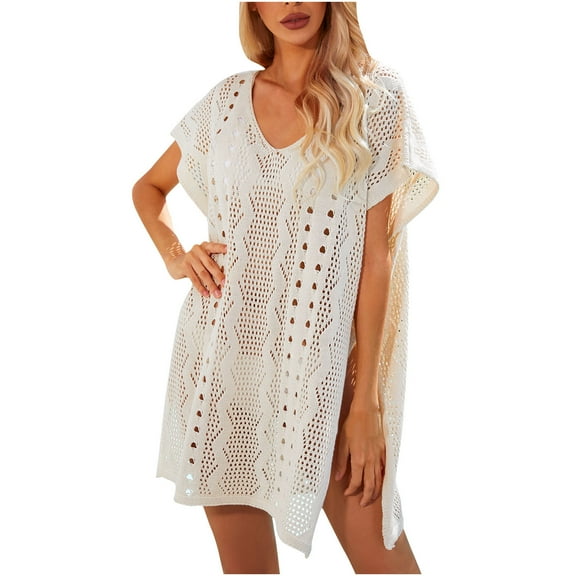 Summer Clearance Sale! TMOYZQ Women's Swimwear Cover Ups Short Sleeve V Neck Crochet Knit Beach Dress Swimsuit Coverups Summer Beachwear Bathing Suit Cover Up for Women