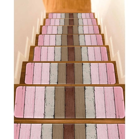 Pink Wood Grain Stair Treads for Wooden Steps Indoor Runner Rug Carpet Brown Vintage Mottled Country Stripes 10 Pieces Peel and Stick Staircase Step Treads Covers Washable Throw Door Mats 30 x8