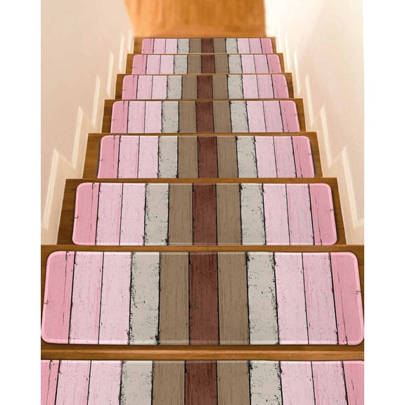 Stair Treads for Wooden Steps, Pink Wood Grain Peel and Stick Stair Treads with Adhesive, Brown Vintage Mottled Country Stripes Non Slip Indoor Stairs Runner Rugs Mats for Elders Dogs 8"x30"7PCS