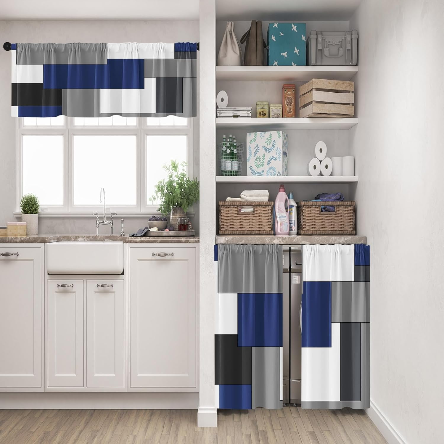 Navy Blue Geometric Kitchen Curtains Checkered Window Curtains Valance and Tier Set 36 Inch, Black Grey White Short Tier Curtain for Kitchen, Modern Abstract Small Kitchen Decor