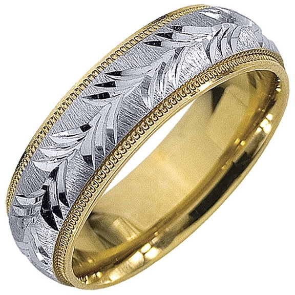 14K Two-Tone Gold Mens Wedding Band 6mm Satin Milgrain Comfort Fit