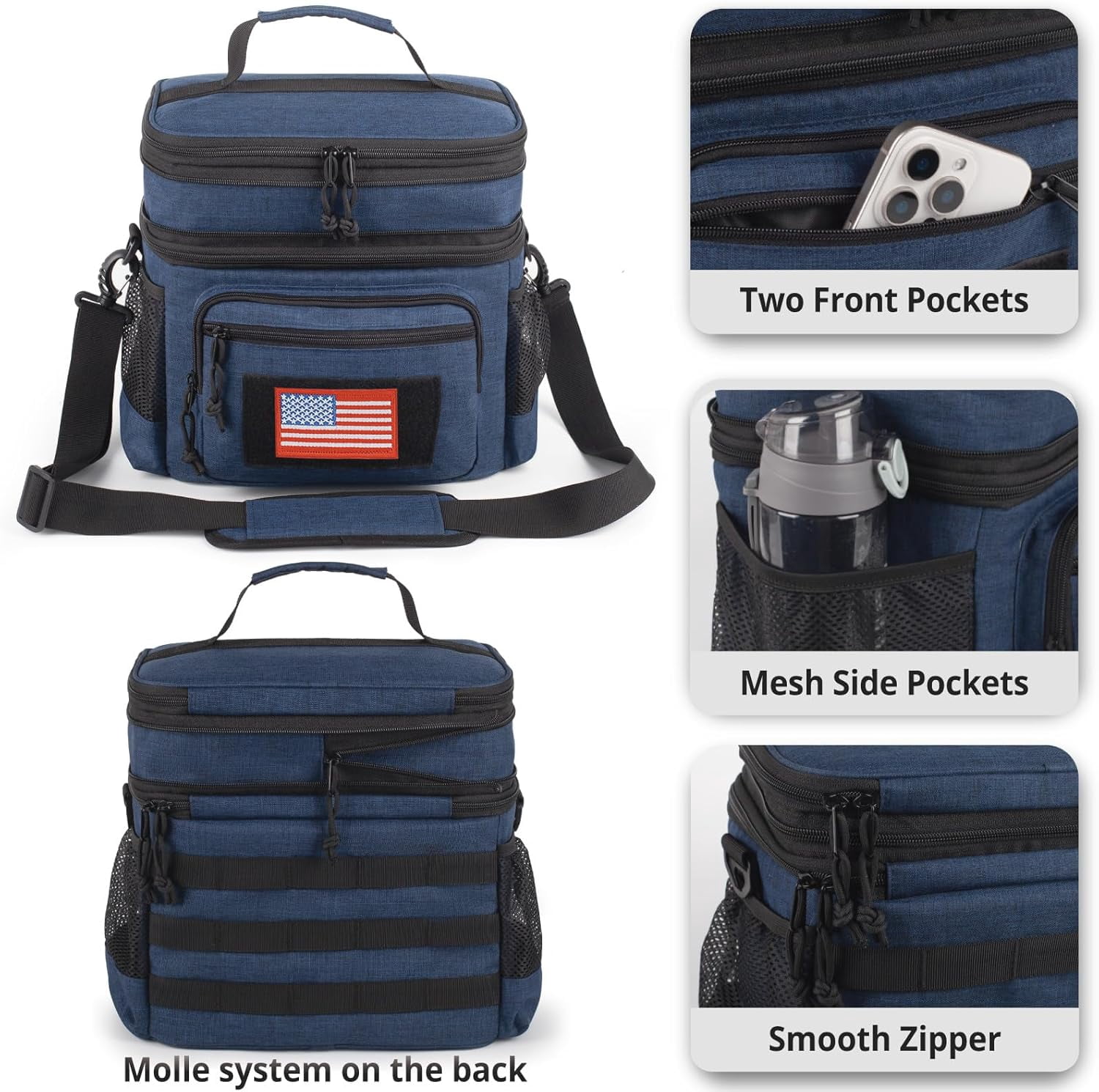 ATRIPACK Double Deck Lunch Box for Men, Lunch Cooler Bag Work with Shoulder Strap Webbing Large Capacity Leakproof Insulated(19.5 Blue)