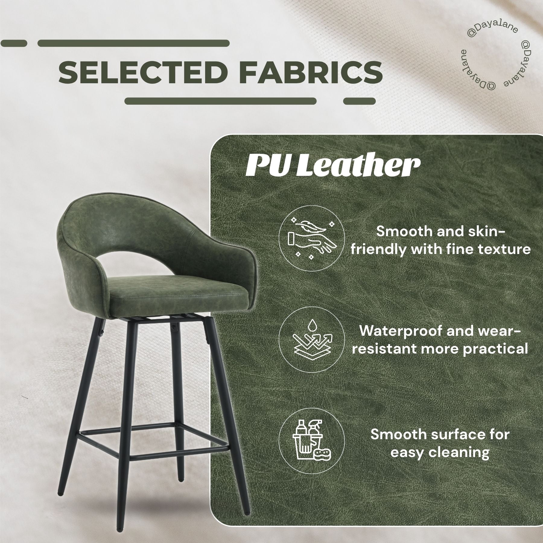 27" Modern Swivel Bar Stools Set of 2, PU Upholstered Counter Height Stools with Metal Legs, Hollow Curved Backrest for Kitchen Island, Home Bar, Bistro, Green