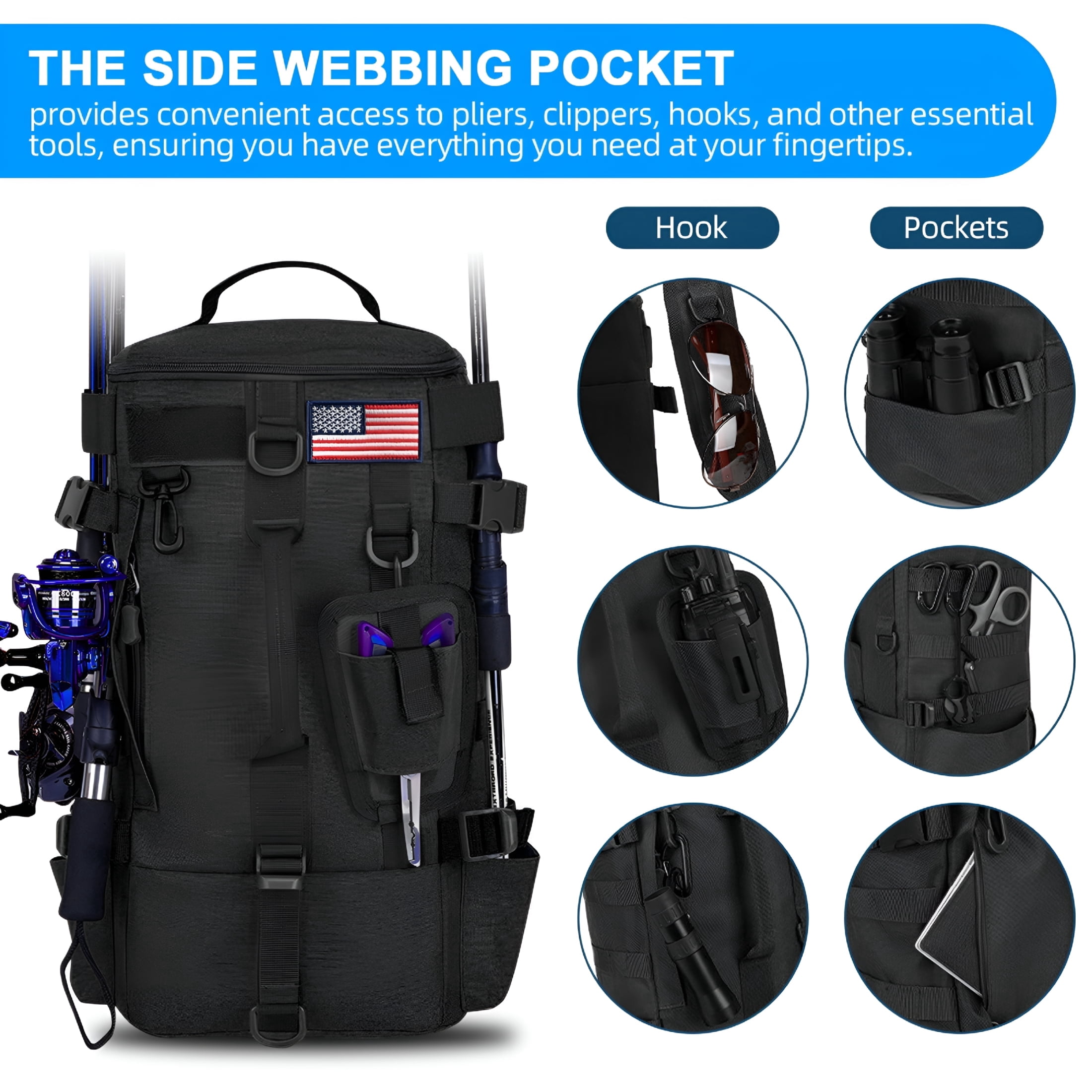 GASTROPOD 2026 New Fishing Backpack with Rod Holder, 600D Waterproof Outdoor Tackle Bag, Fishing Gear Tackle Box Storage Bag Black