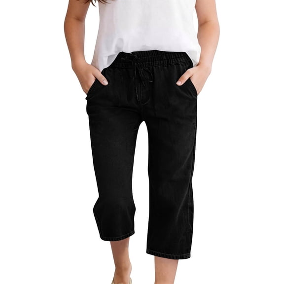 Mifsaly Girls Capri Jeans Drawstring Elastic Waist Cropped Demin Pants Kids Relaxed Fit Lightweight Summer Casual Clothes with Pockets