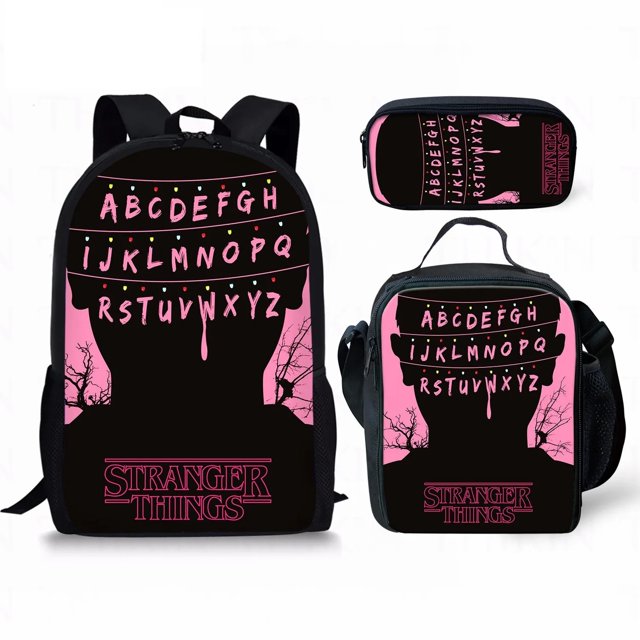 stranger things mochila con estampado 3d conjunto de tres piezas mochila escolar negra y rosa con filas del alfabeto en mayúsculas con efecto goteo, logotipo STRANGER THINGS en la base, bolso de doble hombro con asa superior, bolsa de almuerzo aislada y estuche para lápices a juego.