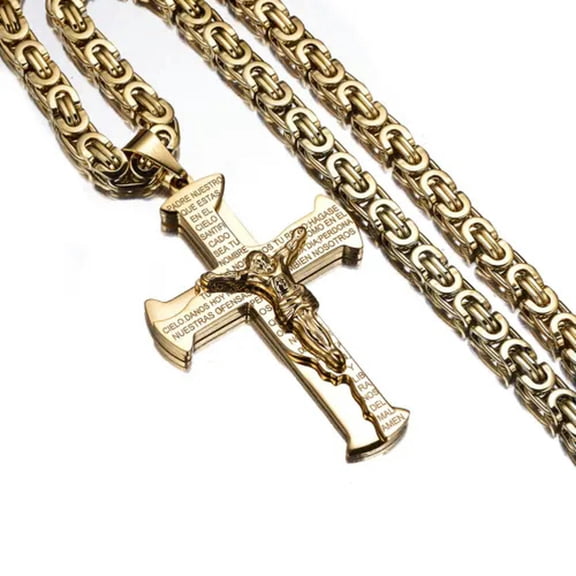 QQTDFG Jesus Crucifixion Cross Pendant For Men Women Stainless Steel Byzantine Necklace-Gold-20 inch Necklace