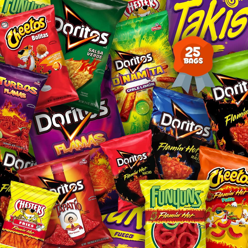 Chili Treats Spicy Flamin' Hot Fiery Chili Mystery Box of Chips Bundle Care Package Sampler Assortment Filled with 25 Bags of the Best Spicy Chips