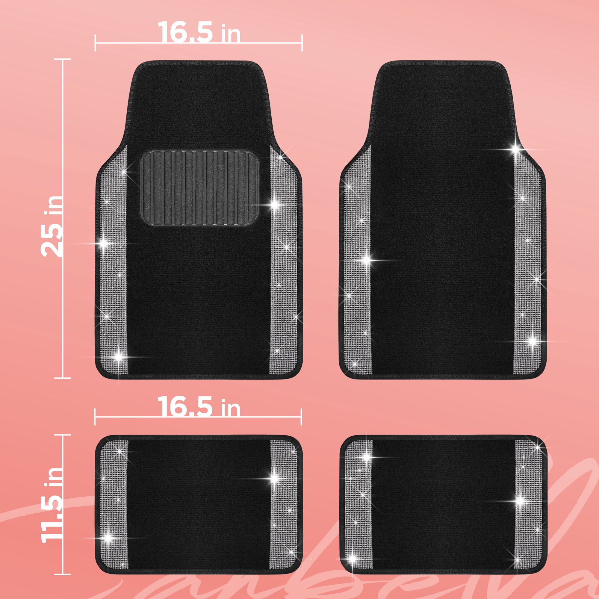 Carbella Diamond Bling Car Mats 4-Piece Set, Shiny Rhinestone Crystal Carpet Car Floor Mats, Two-Tone Floor Mats for Cars, Cute Automotive Interior Car Accessories for Women (Silver)