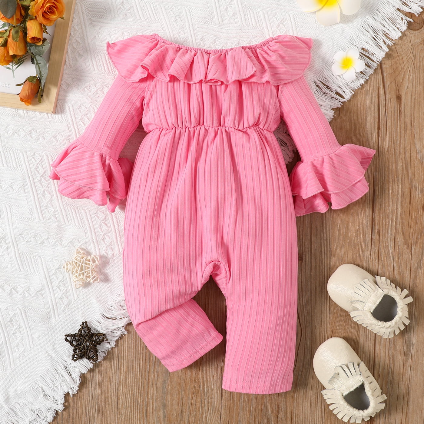 PatPat Baby Girls Ribbed Off Shoulder Ruffle Bell Sleeve Jumpsuit ...