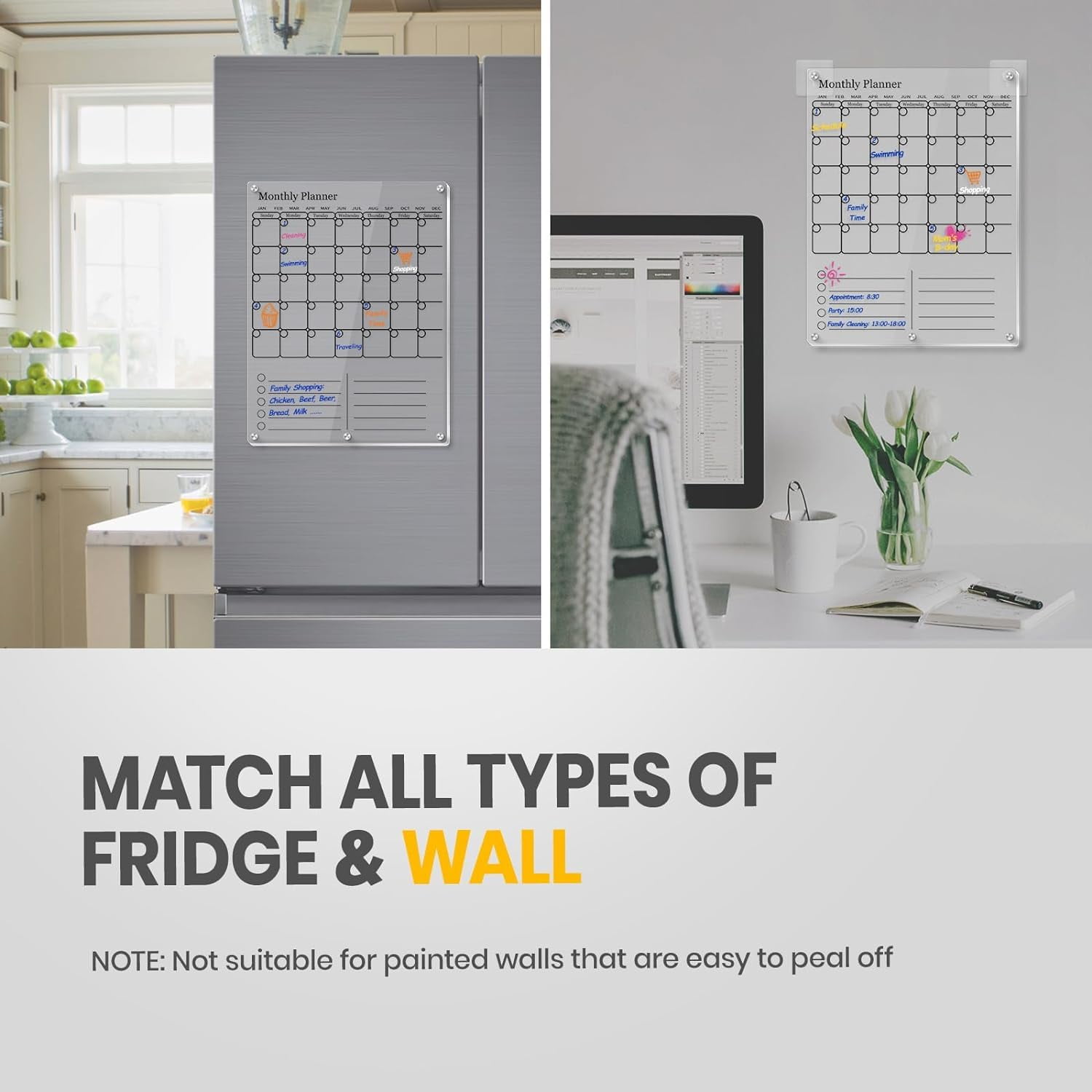 Clear Acrylic Magnetic Calendar for Refrigerator- Sleek Dry Erase Board & Chore Chart for Fridge, Perfect Family Organizer, Includes 5 High-Contrast Markers for Stainless Steel & White Kitchens