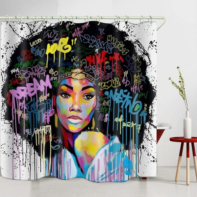 Cortina de ducha de tela impermeable con estampado de chica negra americana, cubierta para bañera y baño, incluye 12 ganchos antioxidantes.