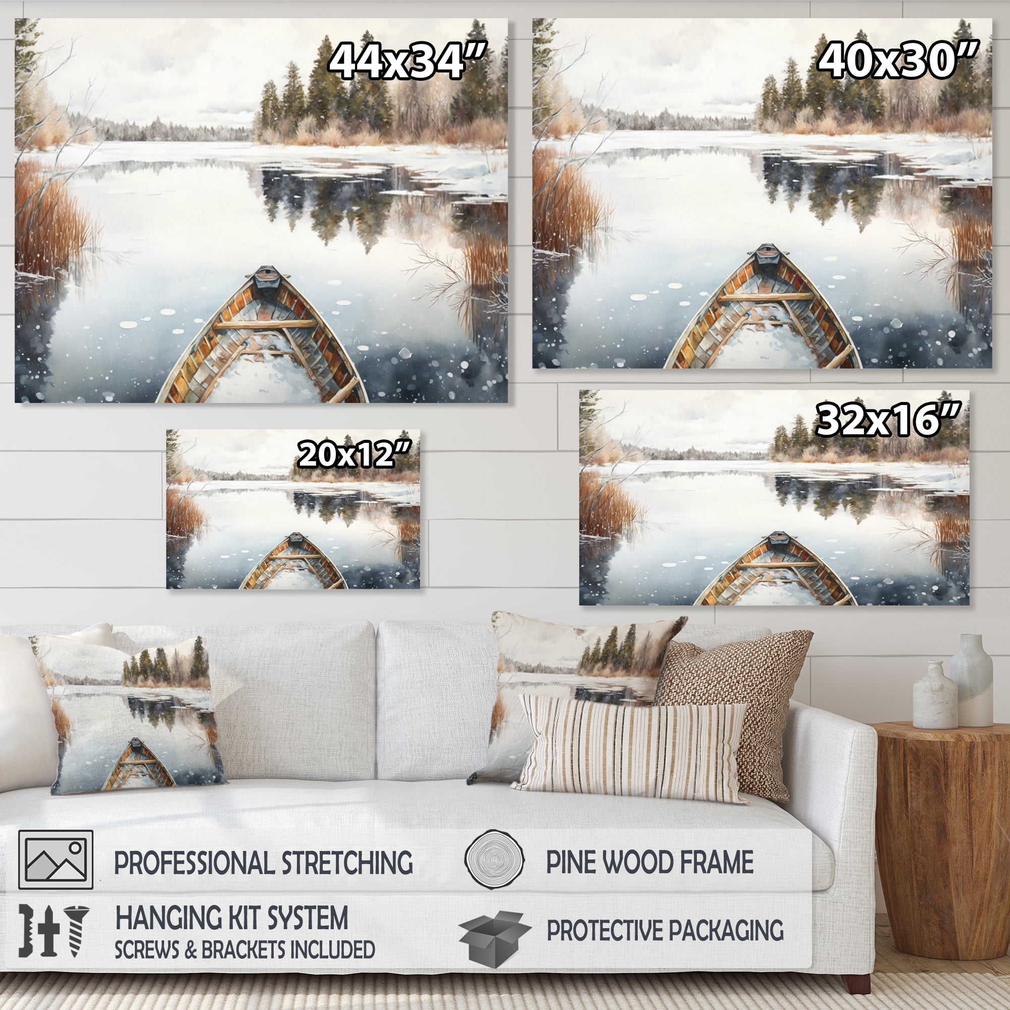 Designart Winter Canoe Scenery II Canvas Wall Art